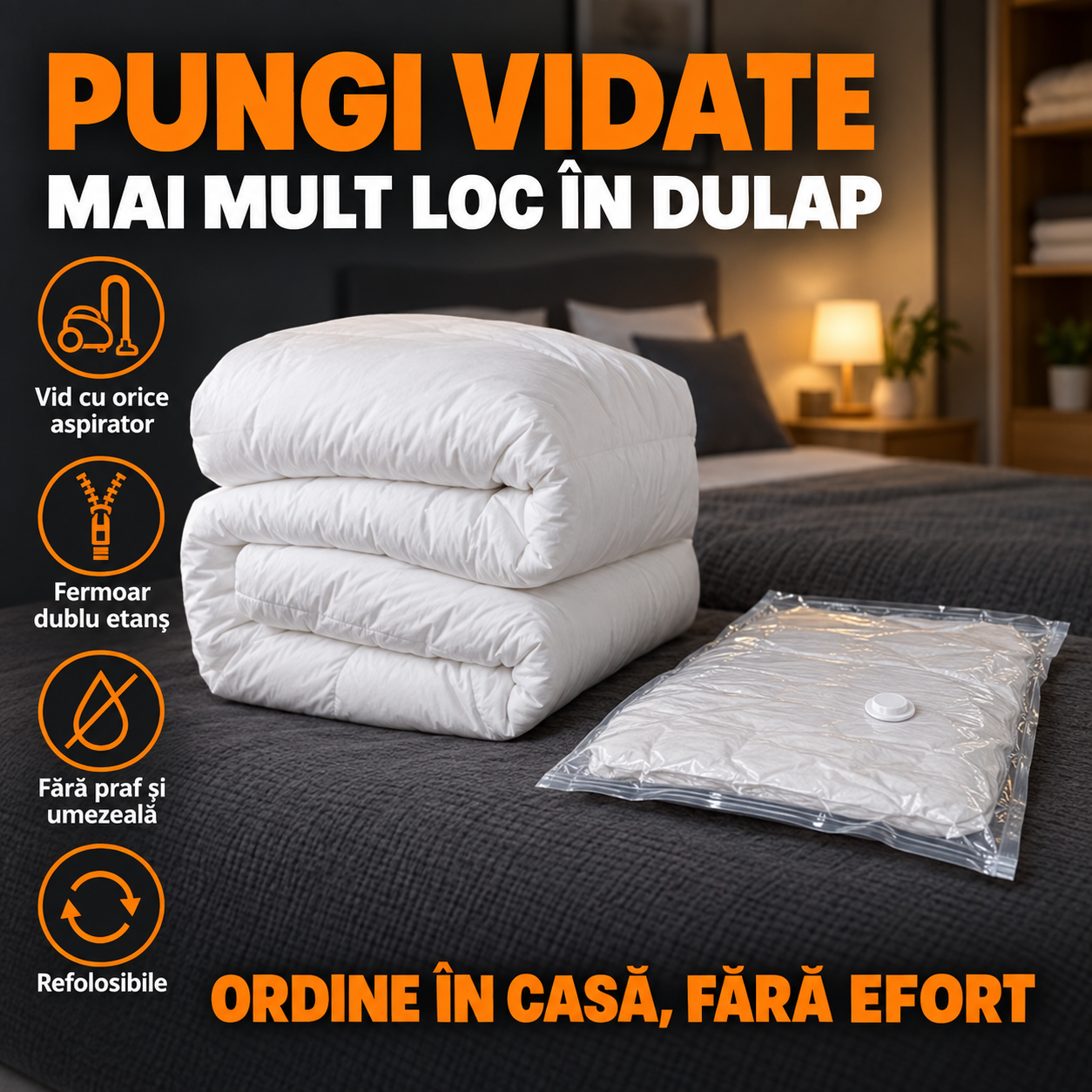Pungă Vidată pentru Haine și Plăpumi, cu Valvă pentru Aspirator