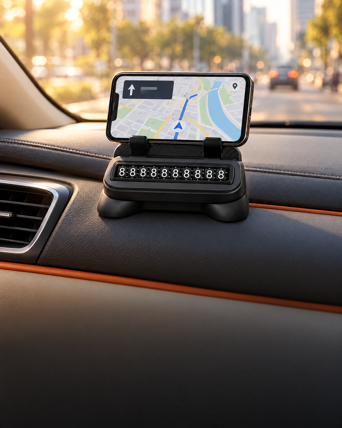Suport de telefon auto montat pe bord, cu telefonul pe navigație
