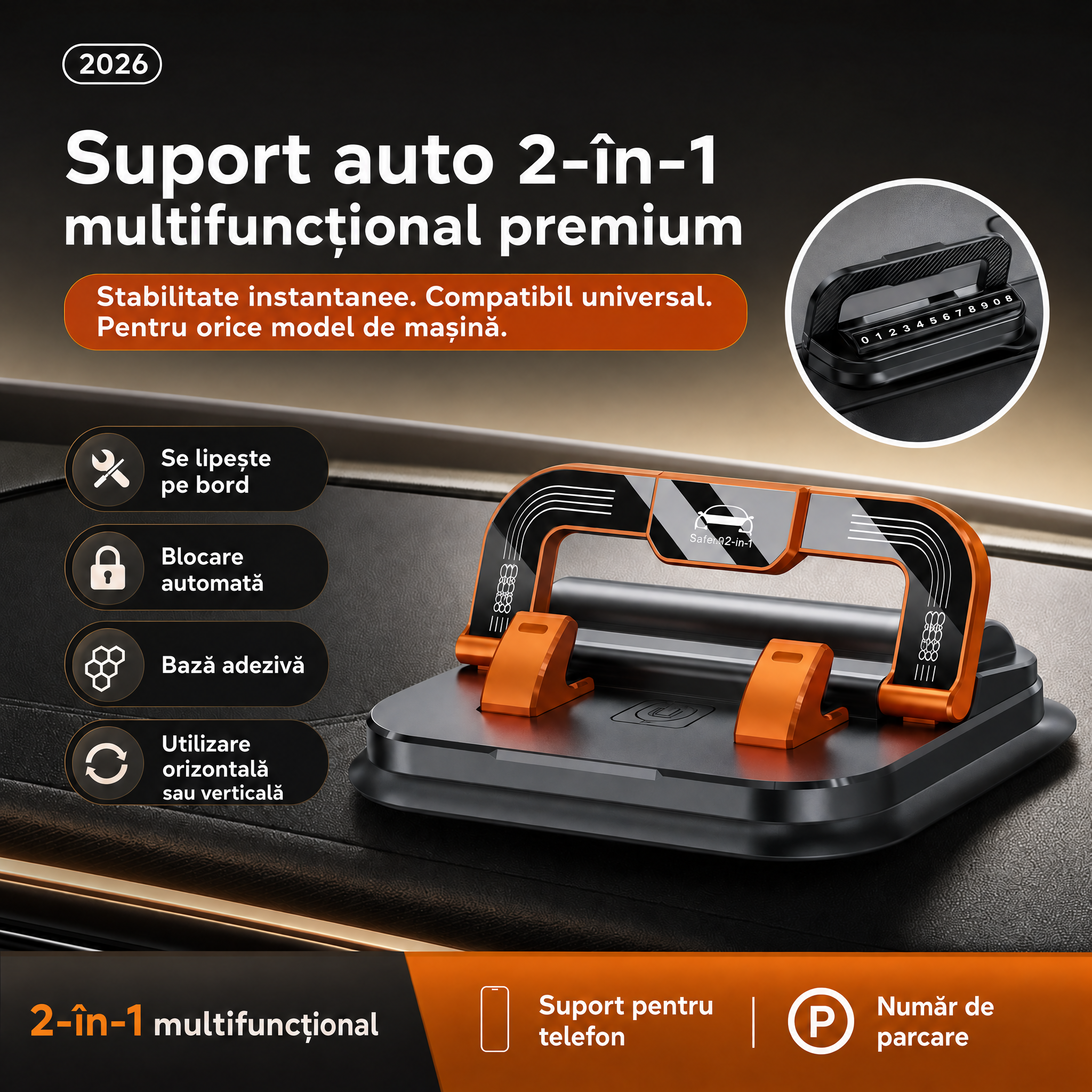Suport auto 2 în 1 multifuncțional cu bază adezivă și număr de parcare