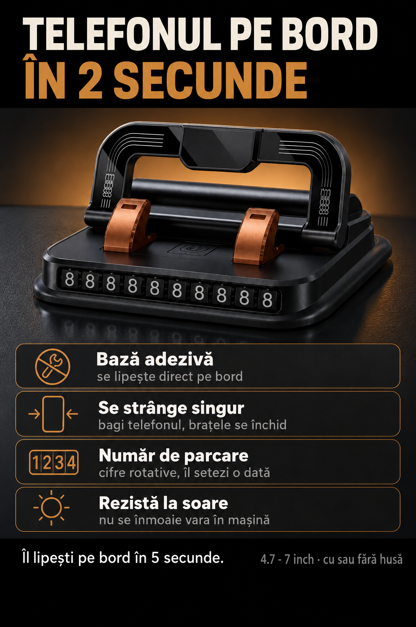 Suport telefon auto 2 în 1 cu bază adezivă, se lipește direct pe bord