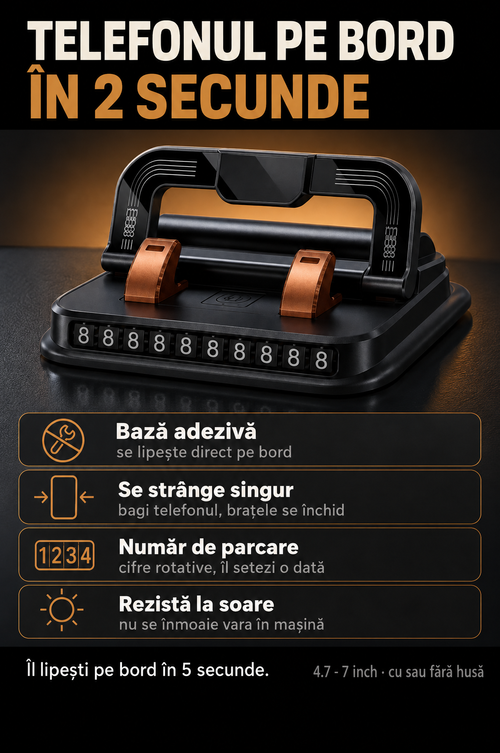Suport telefon auto 2 în 1 cu bază adezivă, se lipește direct pe bord