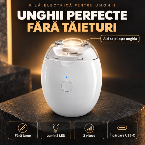 Unghieră electrică albă pe piedestal întunecat, cu lumina aprinsă în capac: unghii perfecte fără tăieturi